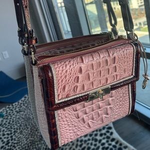 BRAHMIN used once crossbody  mini bag with strap 8x7 brown leather, light pink